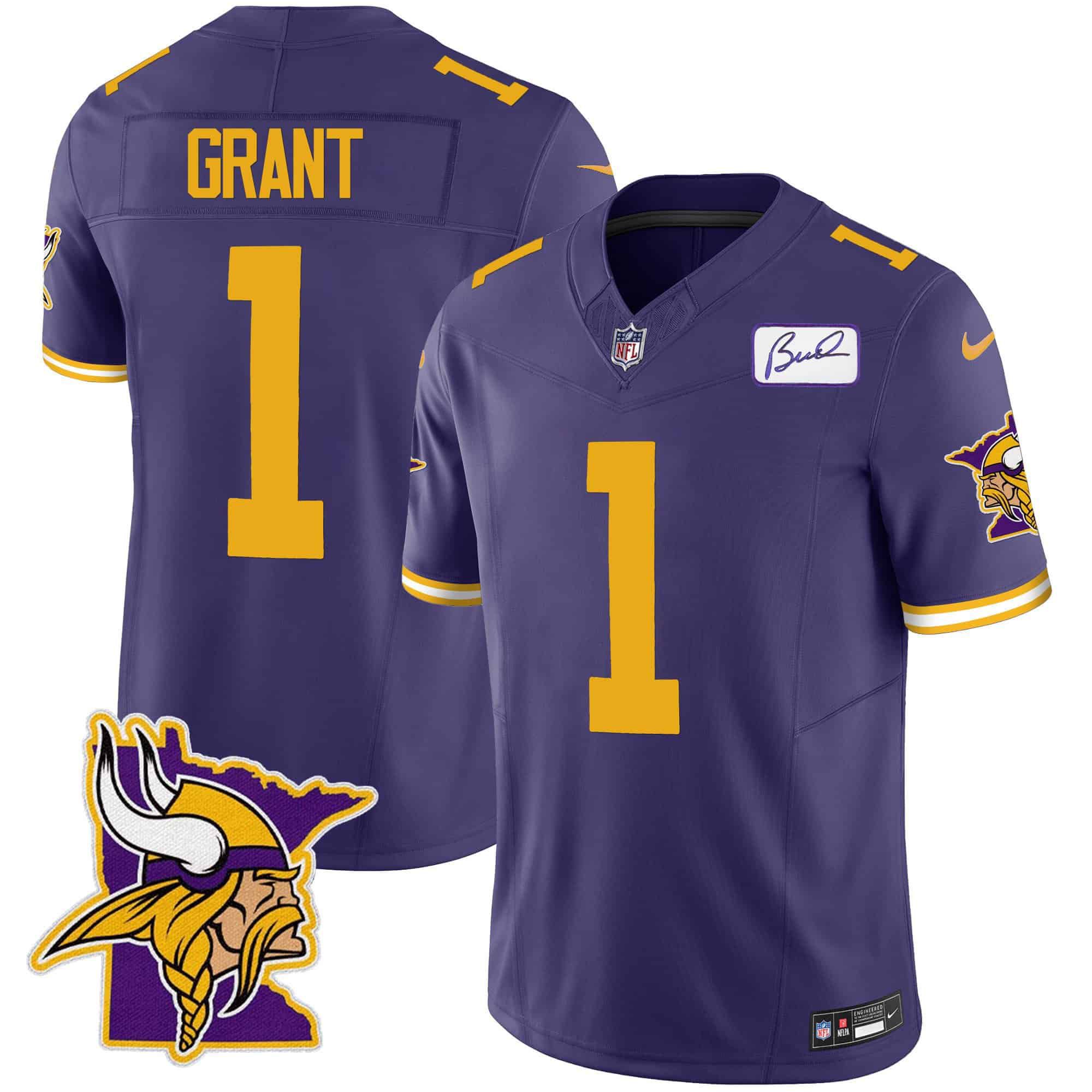Men Minnesota Vikings 1 Grant Purple 2024 Nike Patch Classic Limited NFL Jersey style 2